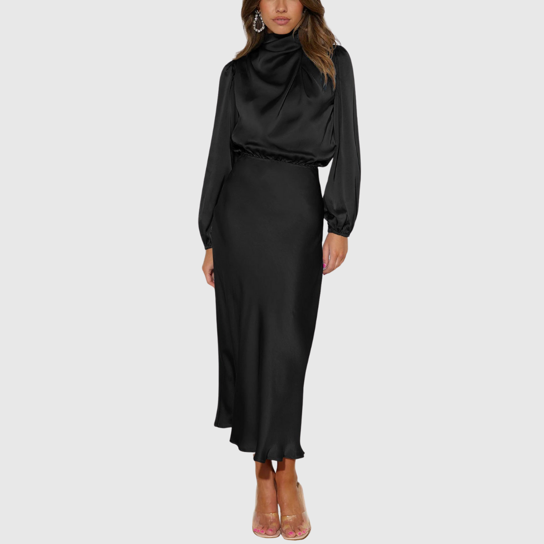 Elodie | Modest High Neck Draped Long Sleeve Elasticated Waist Satin Midi Wedding Guest Evening Dress Women