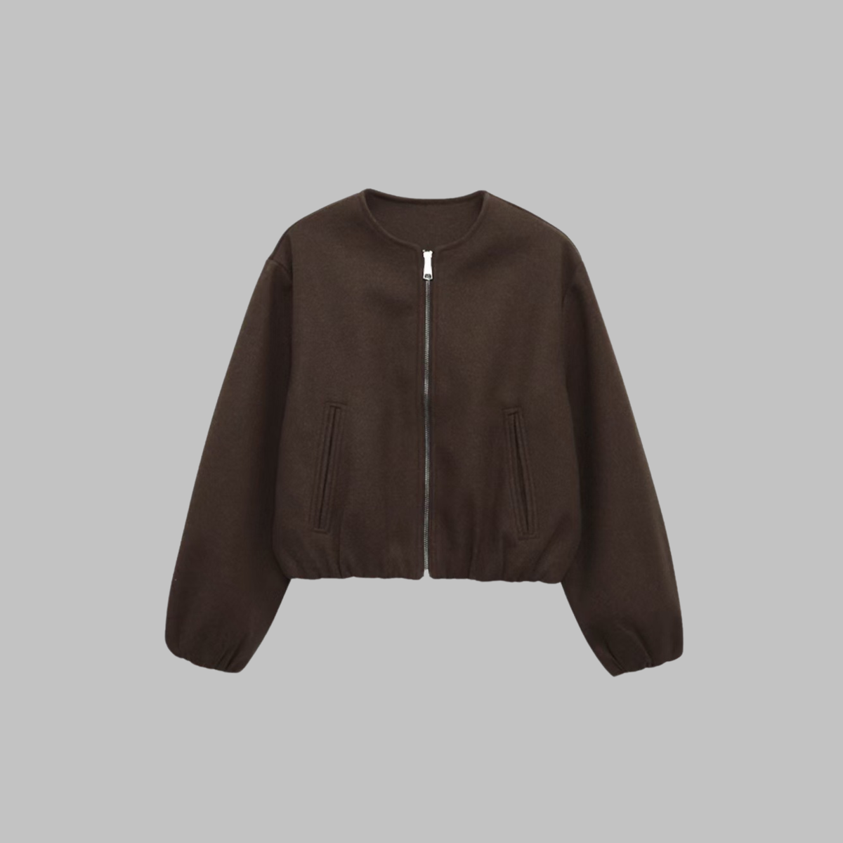 Nancy | Collarless Zip Up Pocket Puff Sleeve Oversized Cropped Elasticated Hem Autumn Bomber Jacket Women