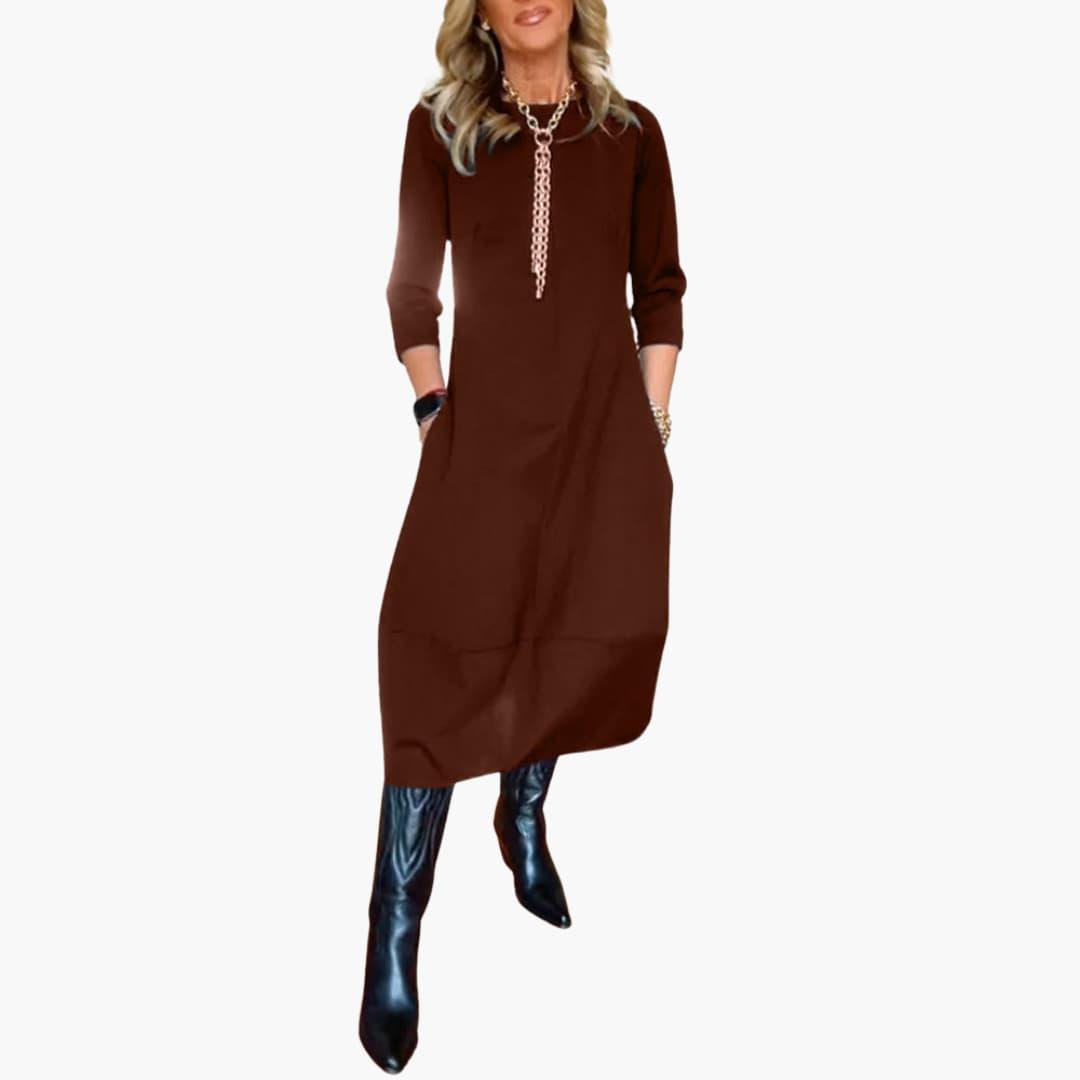 Jolie | Round Neck Three Quarter Sleeve Side Pockets Curved Hem Autumn Midi Dress Women