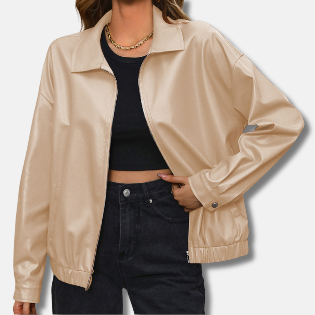 Beth | Collared Zip Up Pocket Elasticated Hem Autumn Faux Leather Oversized Bomber Jacket Women