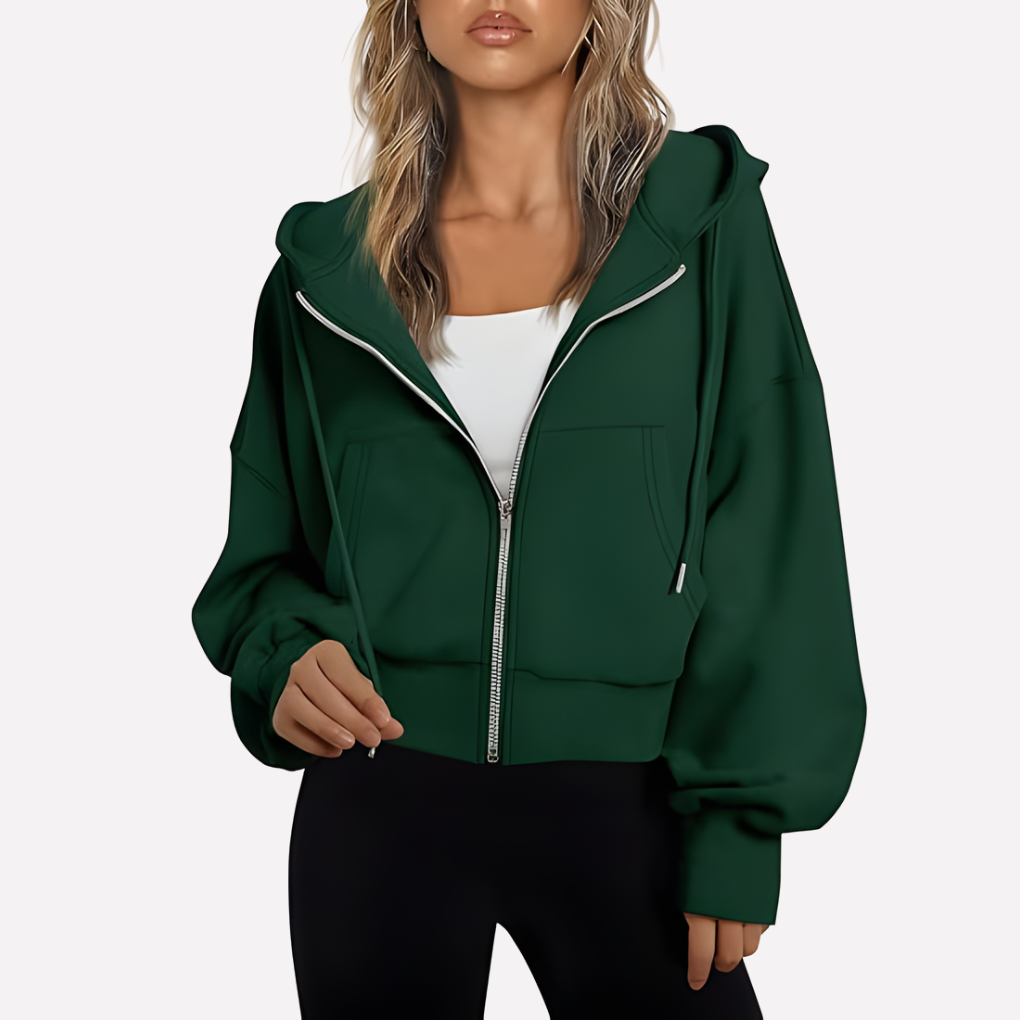 Coco | Zip Up Drawstring Ribbed Pockets Long Sleeve Oversized Autumn Cropped Hoodie Women