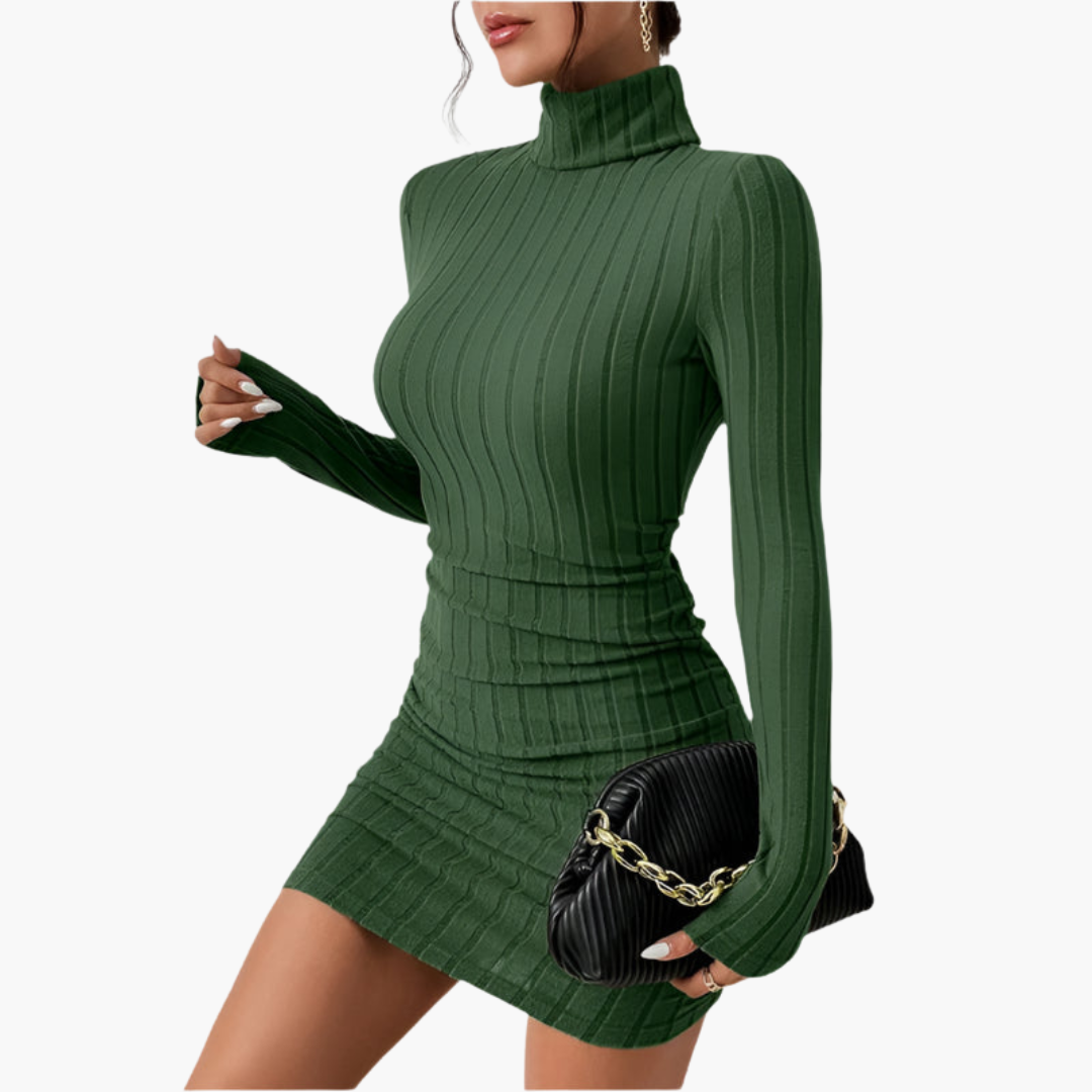 Anya | Roll Neck Long Sleeve Bodycon Ruched Autumn Ribbed Knit Mini Jumper Dress Women