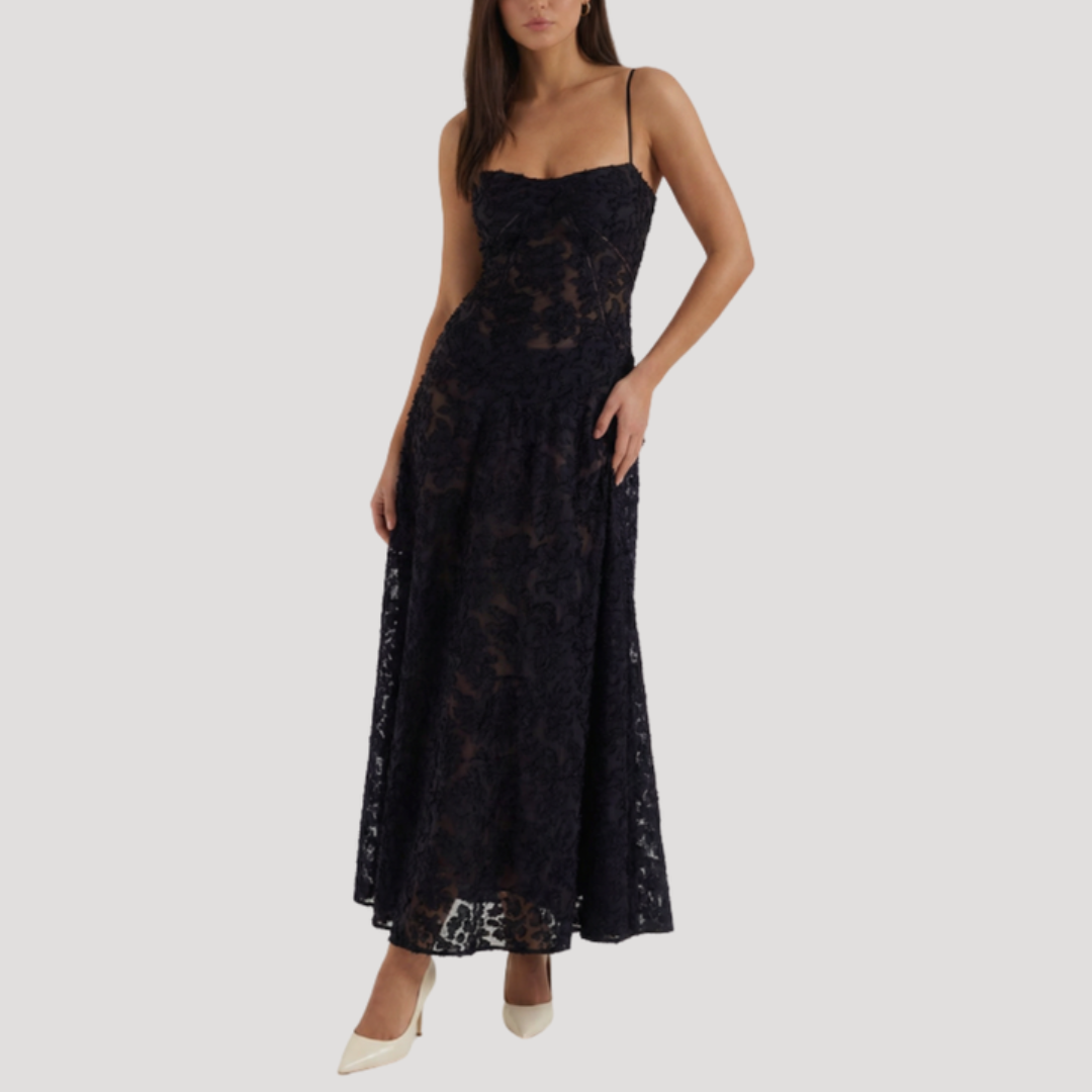 Ember | Floral Embroidered Strappy Open Back Corset Lace Up A Line Evening Occasion Maxi Dress Women