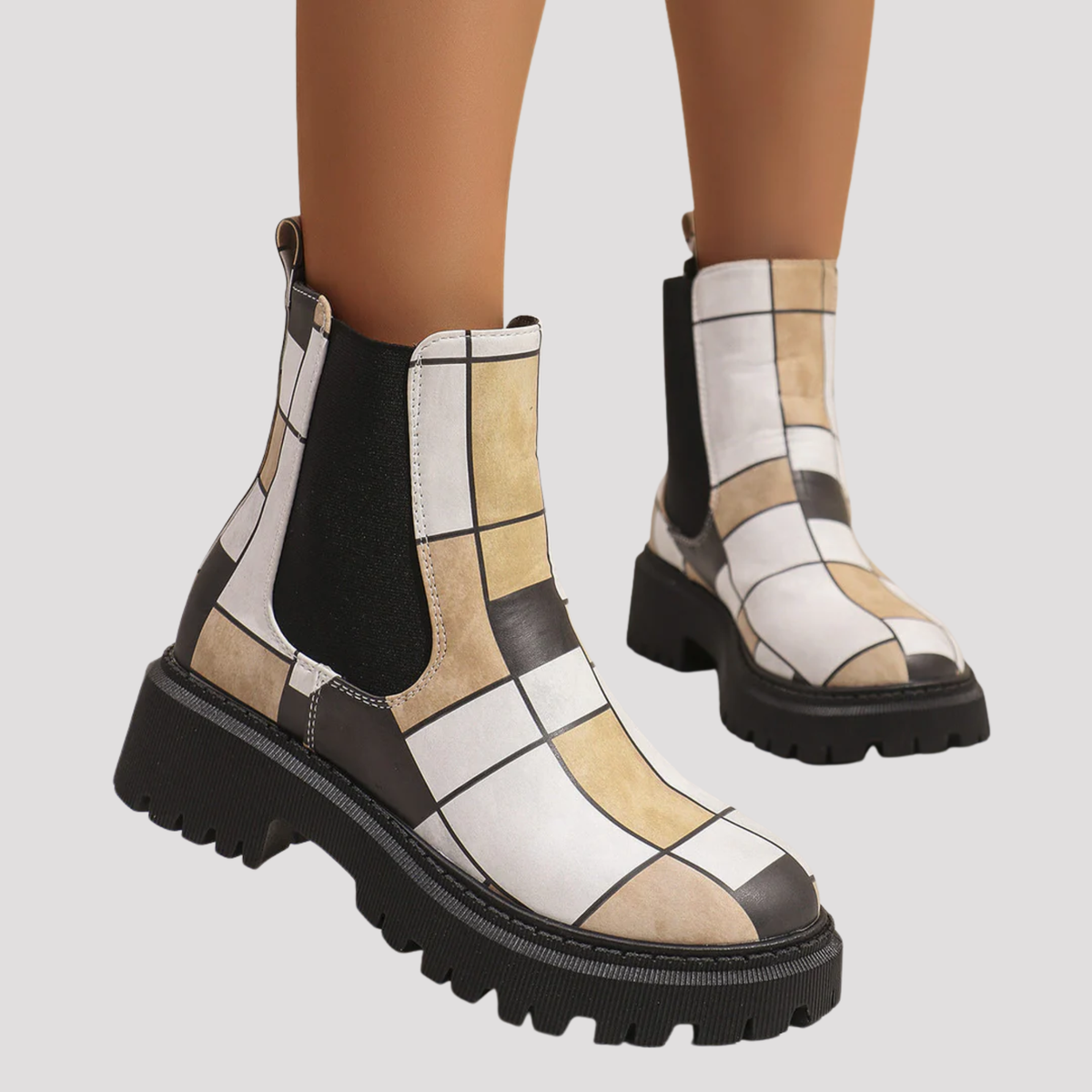Romy | Printed Patchwork Round Toe Autumn Faux Leather Platform Chunky Chelsea Boots Women