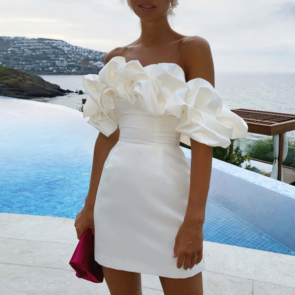 Heidi | Off Shoulder Puff Sleeve Ruched Satin Mini Party Cocktail Dress Ladies