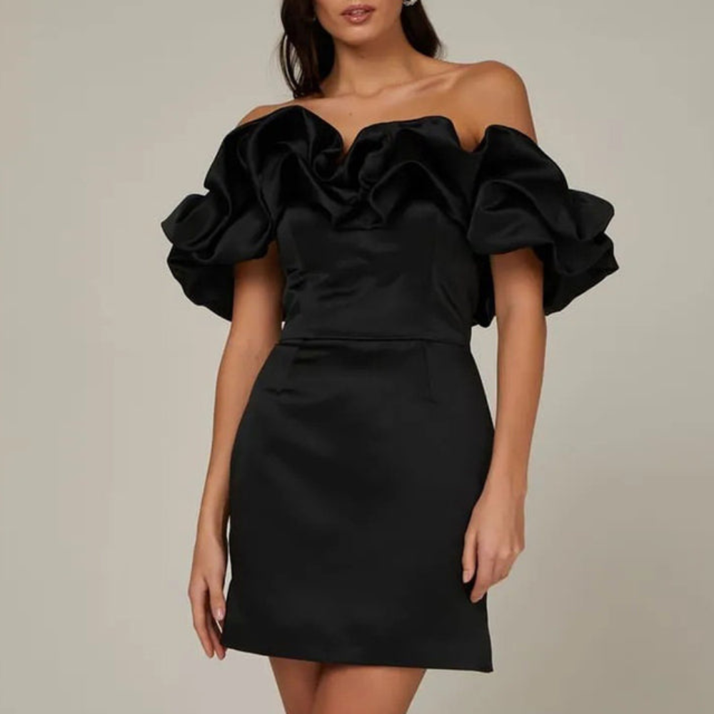 Heidi | Off Shoulder Puff Sleeve Ruched Satin Mini Party Cocktail Dress Ladies