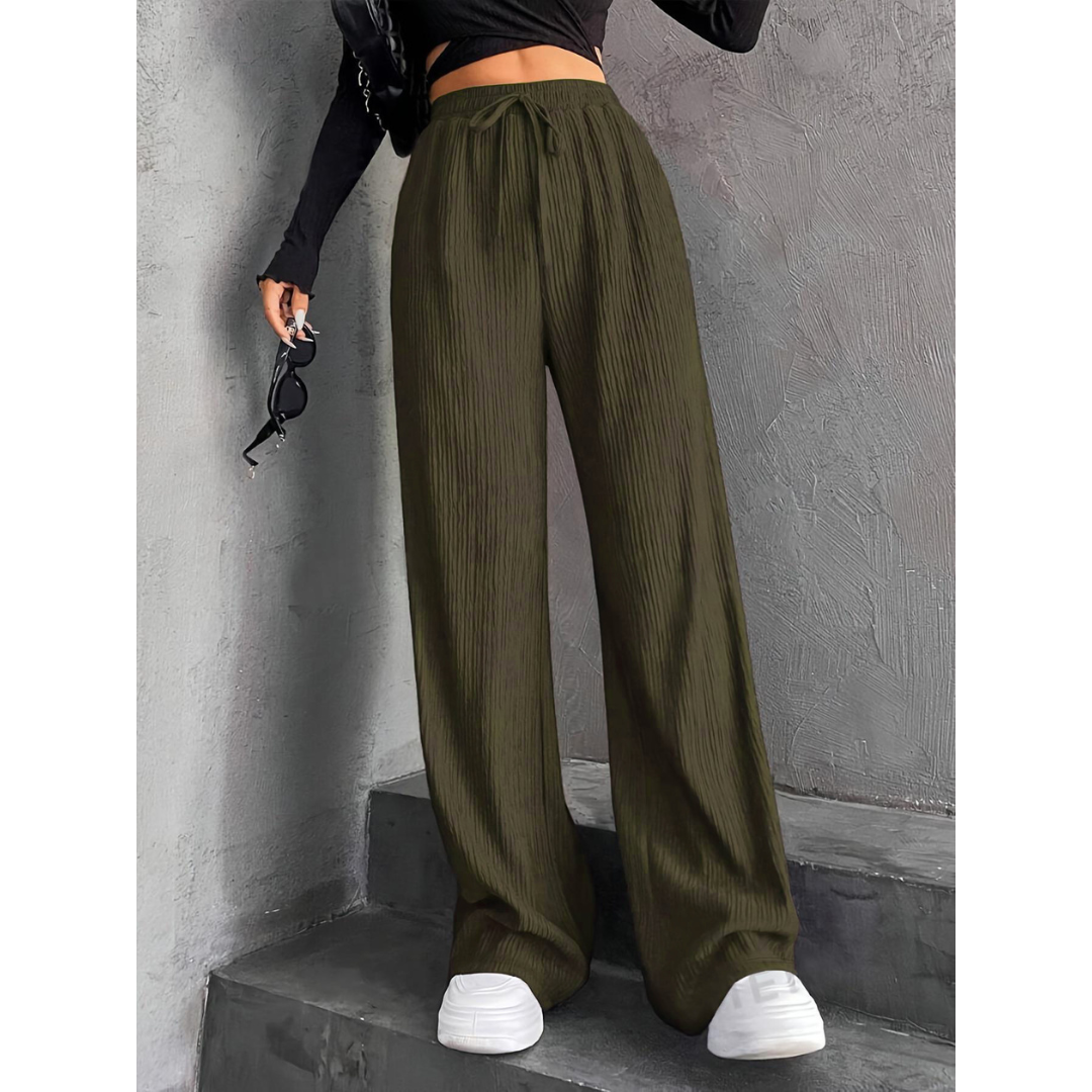 Faye | Knitted Loose Ribbed Drawstring Elasticated High Waisted Flowy Wide Leg Trousers Women