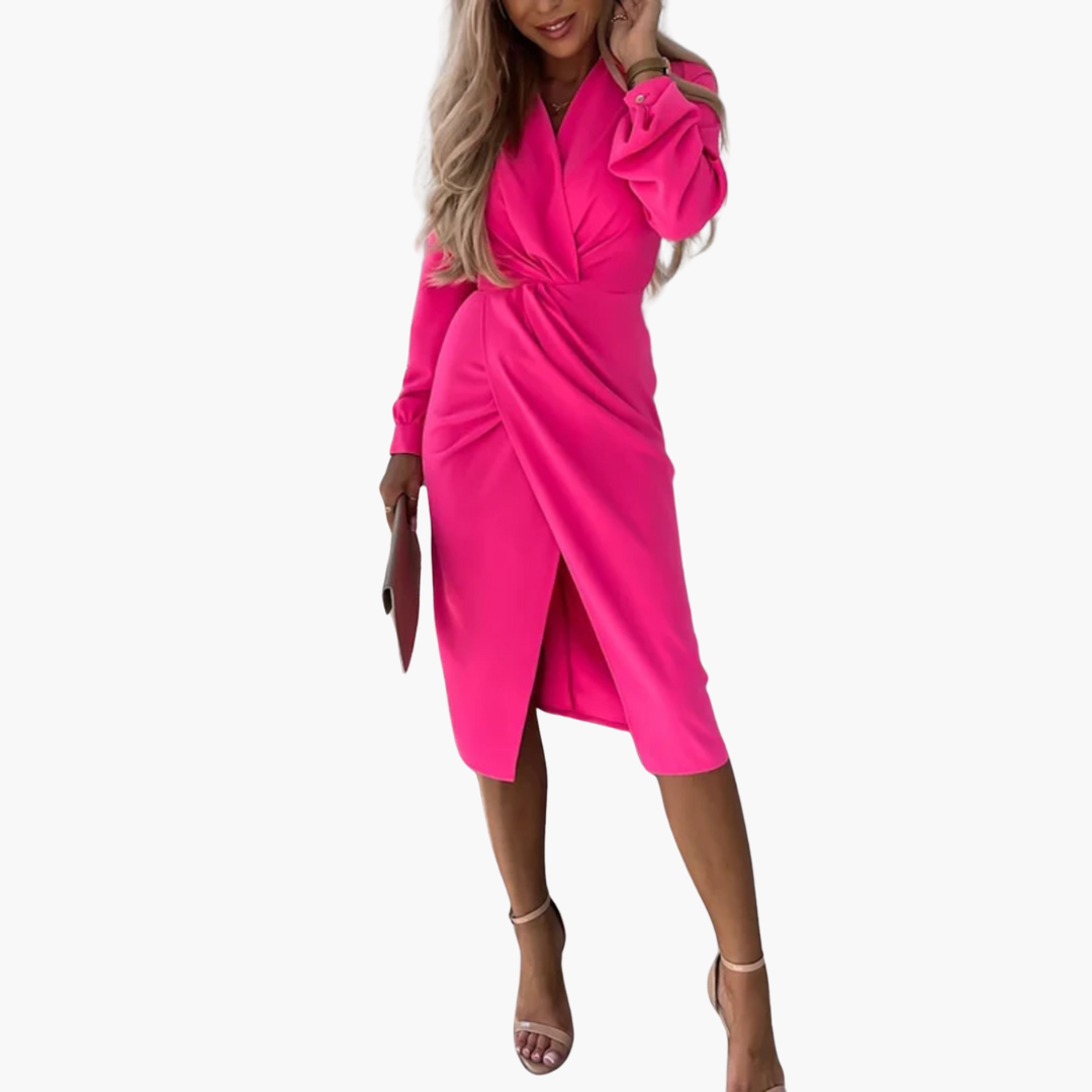 Nora | Ruched Collar Long Sleeve Slit Midi Twist Front Autumn Dinner Wrap Dress Women