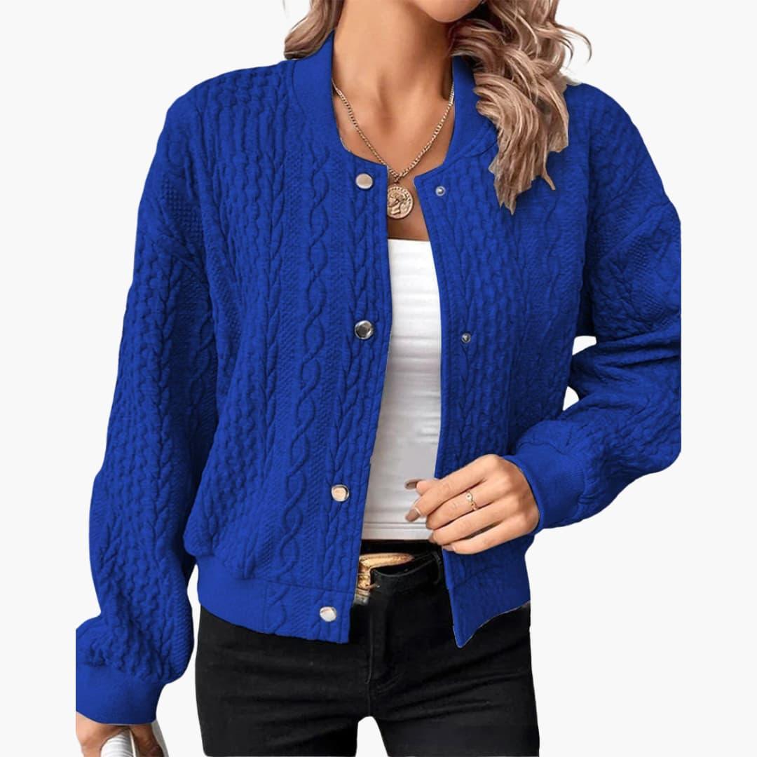 Ada | Knit Collarless Button Ribbed Hem Oversized Cropped Bomber Jacket Women
