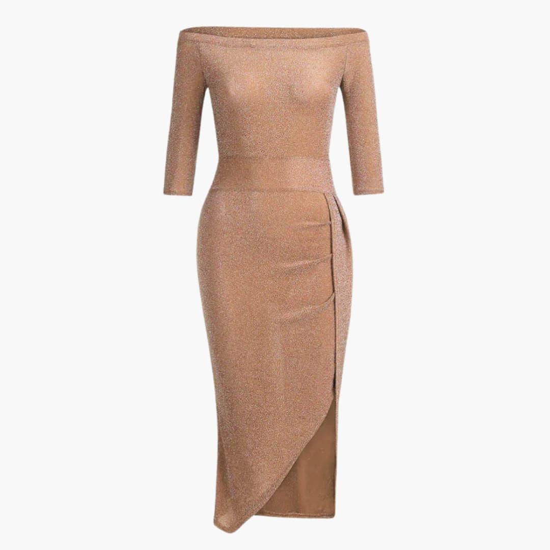 Livia | Off The Shoulder Glitter Knit Ruched Wrap Slit Party Evening Bodycon Midi Dress with Sleeves Women