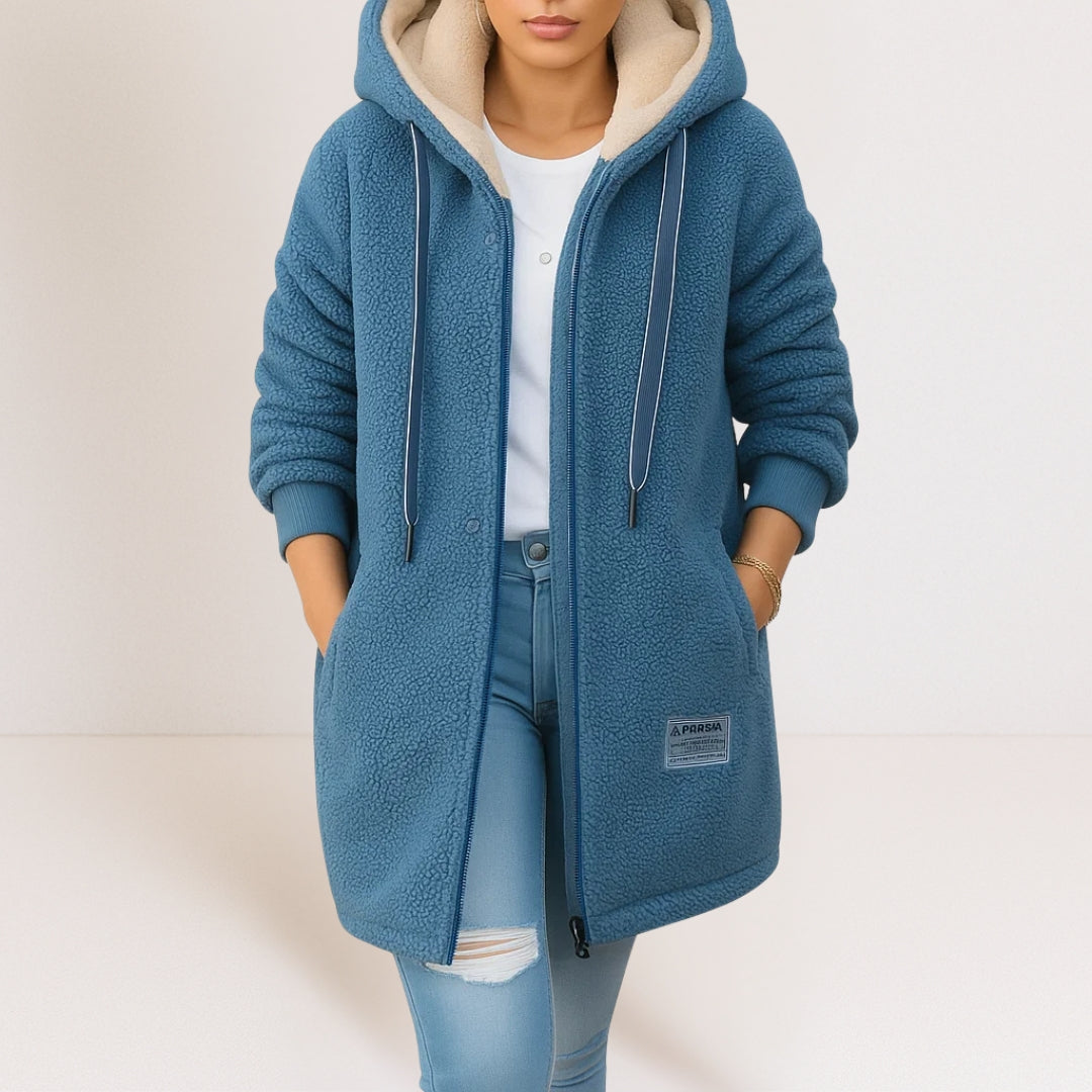 Lou | Winter Oversized Longline Hooded Full Zip Sherpa Drawstring Pocket Fleece Jacket Women