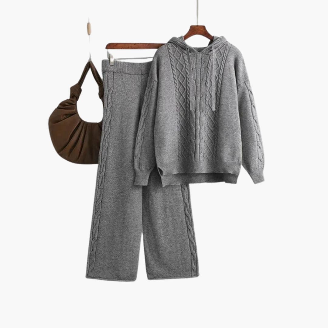 Nell | Knitted Long Sleeve Oversized Hooded Autumn Winter Wide Leg Trouser Co Ord Set Women