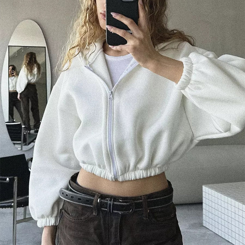 Cass | Zip Up Balloon Sleeve Fleece Cropped Autumn Oversized Hoodie Women