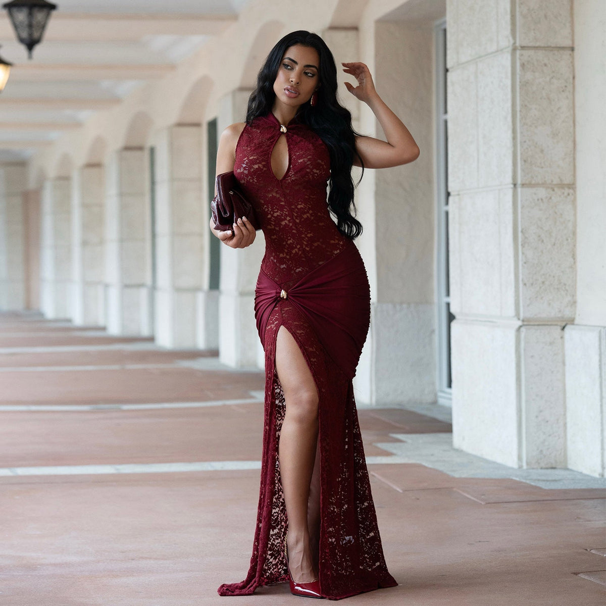 Ciara | Lace High Neck Cut Out Floral Ruched Slit Sheer Bodycon Maxi Party Evening Dress Women