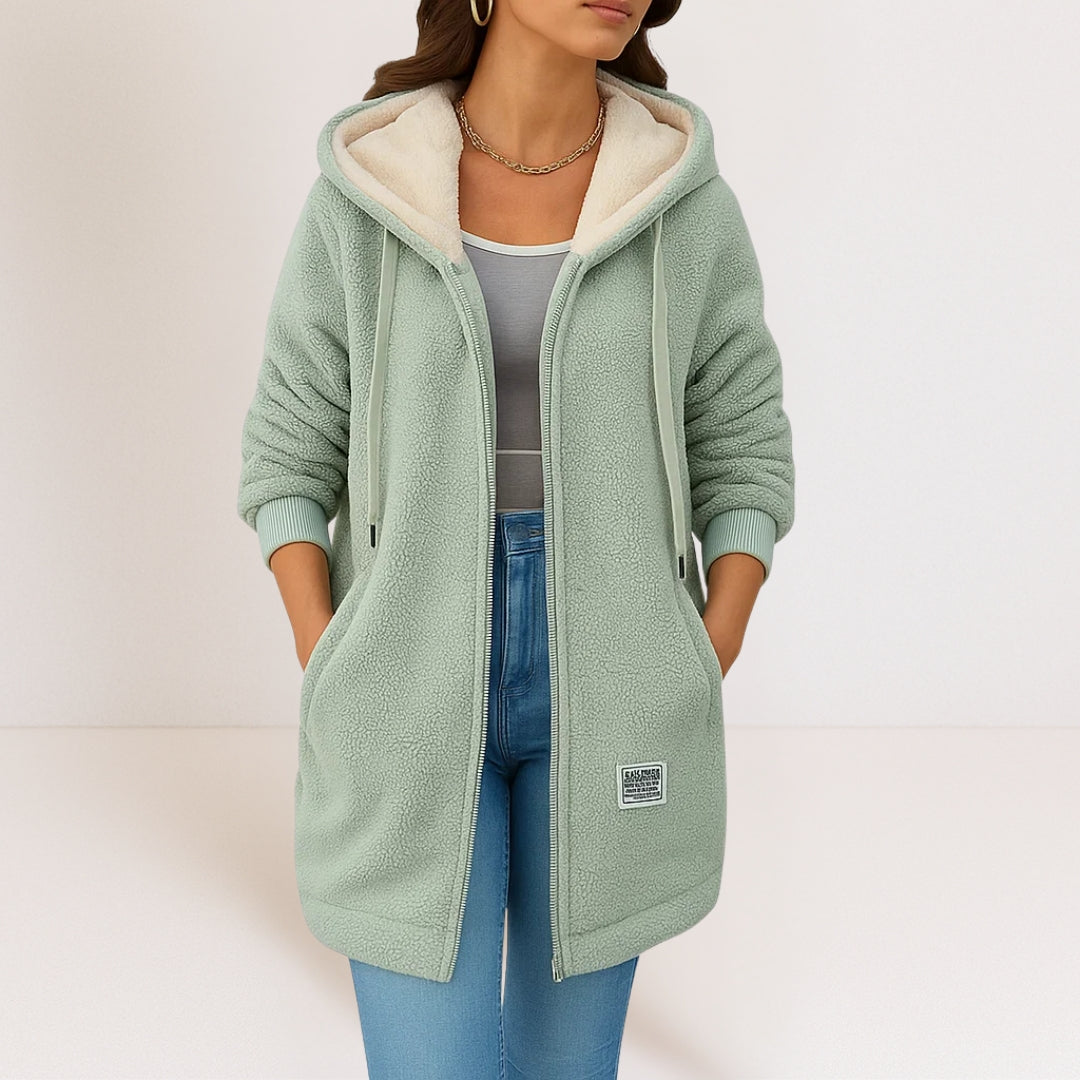 Lou | Winter Oversized Longline Hooded Full Zip Sherpa Drawstring Pocket Fleece Jacket Women
