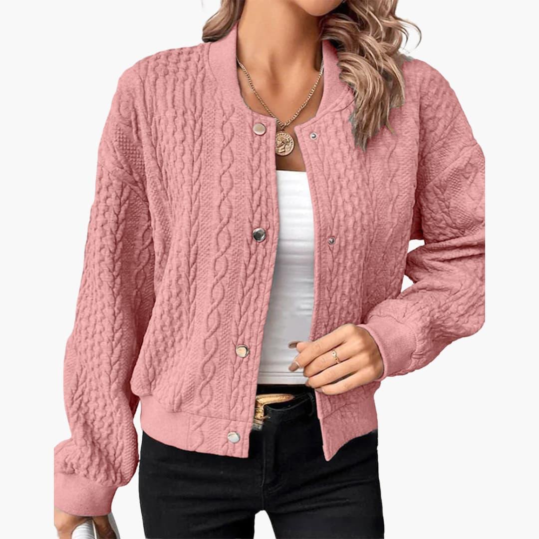 Ada | Knit Collarless Button Ribbed Hem Oversized Cropped Bomber Jacket Women