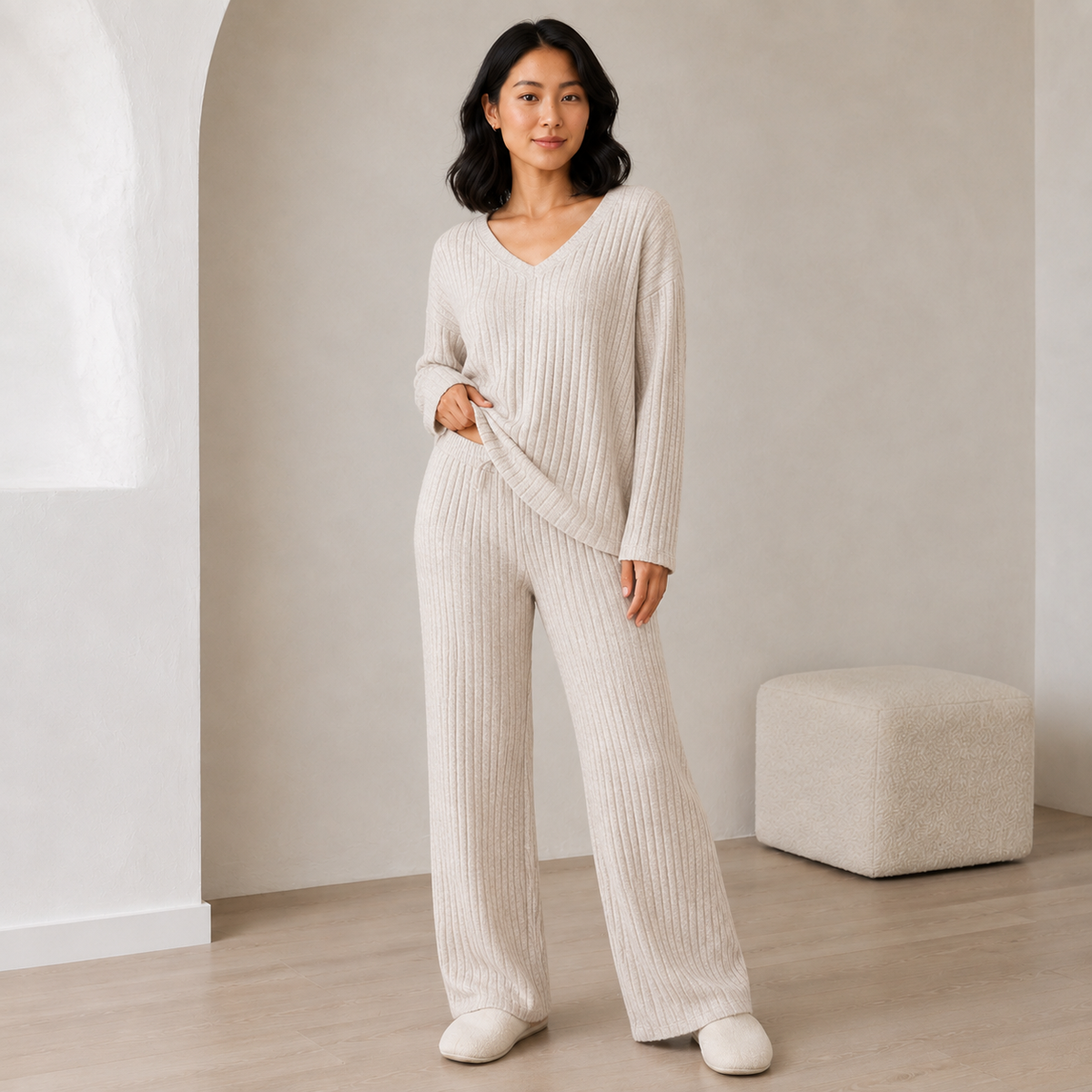 Rose | Ribbed Knitted V Neck Long Sleeve Wide Leg Trouser Oversized Co Ord Set Women