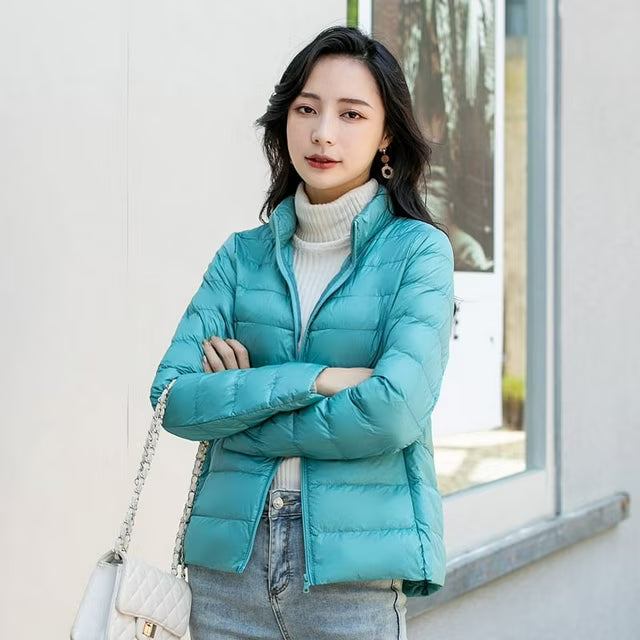 Lexie | Winter Fitted Shiny Quilted Zip Up Funnel Neck Side Pockets Puffer Jacket Women
