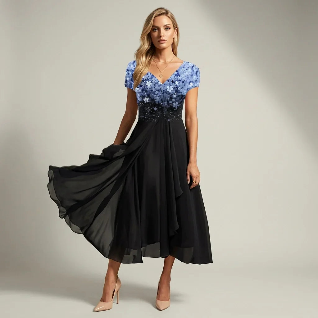 Mia | Short Sleeve V Neck Chiffon Christmas Wedding Guest Party A Line Midi Sequin Dress Women