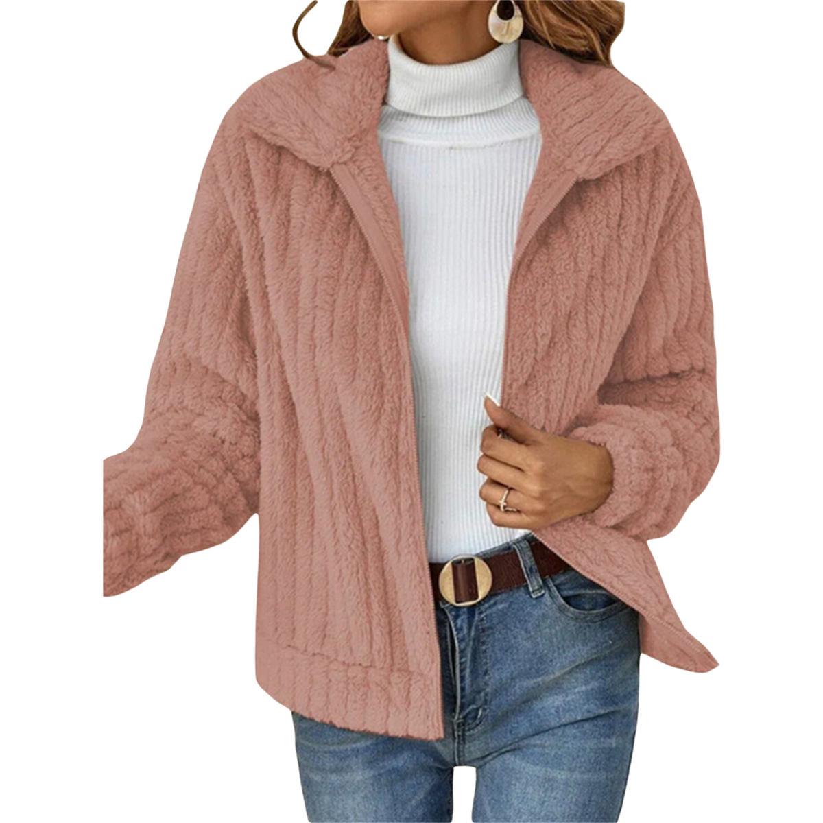 Cable Knit Cardigan Jacket with Collar - Blush Pink