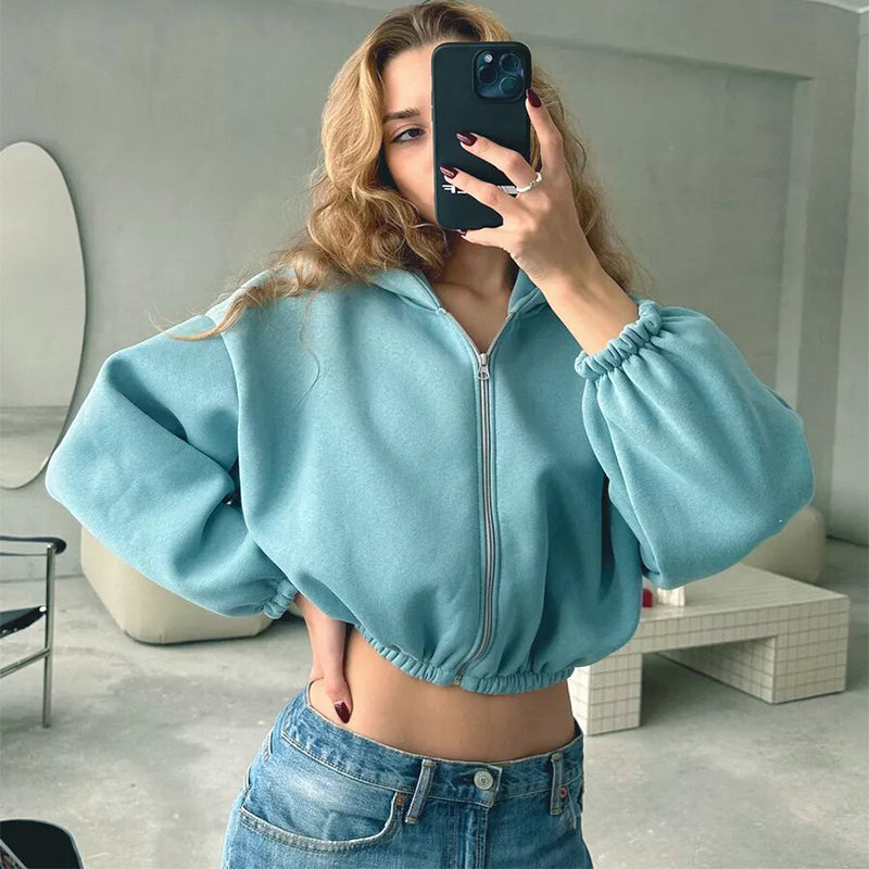 Cass | Zip Up Balloon Sleeve Fleece Cropped Autumn Oversized Hoodie Women