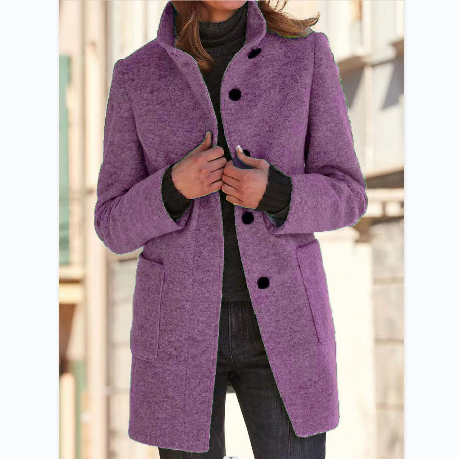 Cerys | Wool High Neck Button Pocket Long Autumn Smart Tailored Coat Women