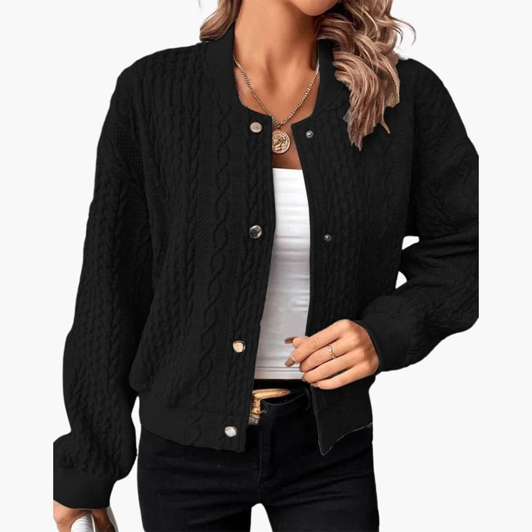 Ada | Knit Collarless Button Ribbed Hem Oversized Cropped Bomber Jacket Women