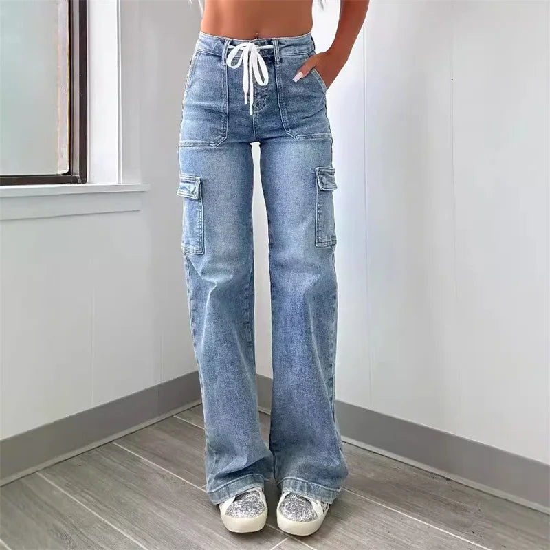 Isla | High Waisted Drawstring Autumn Flared Denim Cargo Trousers Women