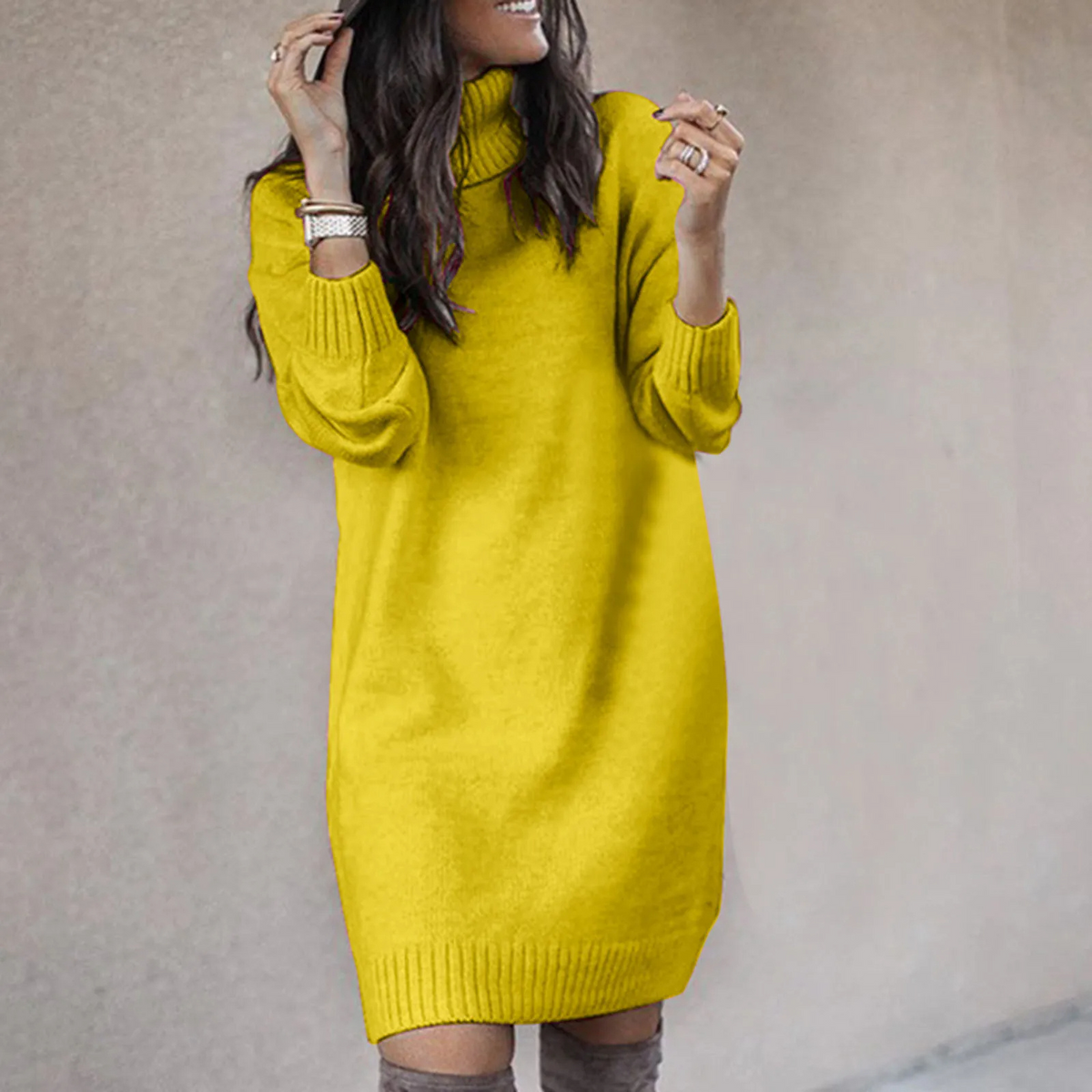 Hana | Knitted Roll Neck Long Sleeve Oversized Autumn Winter Tunic Mini Jumper Dress Women