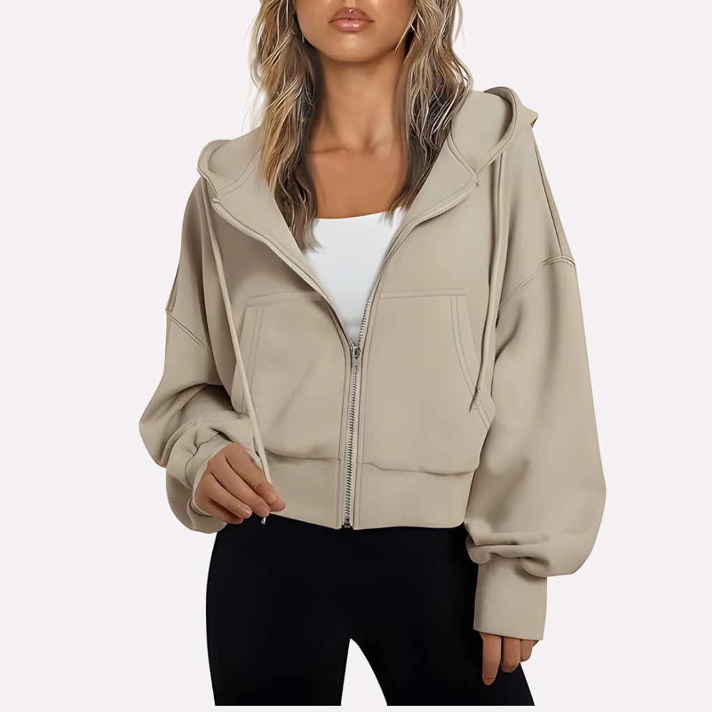 Coco | Zip Up Drawstring Ribbed Pockets Long Sleeve Oversized Autumn Cropped Hoodie Women