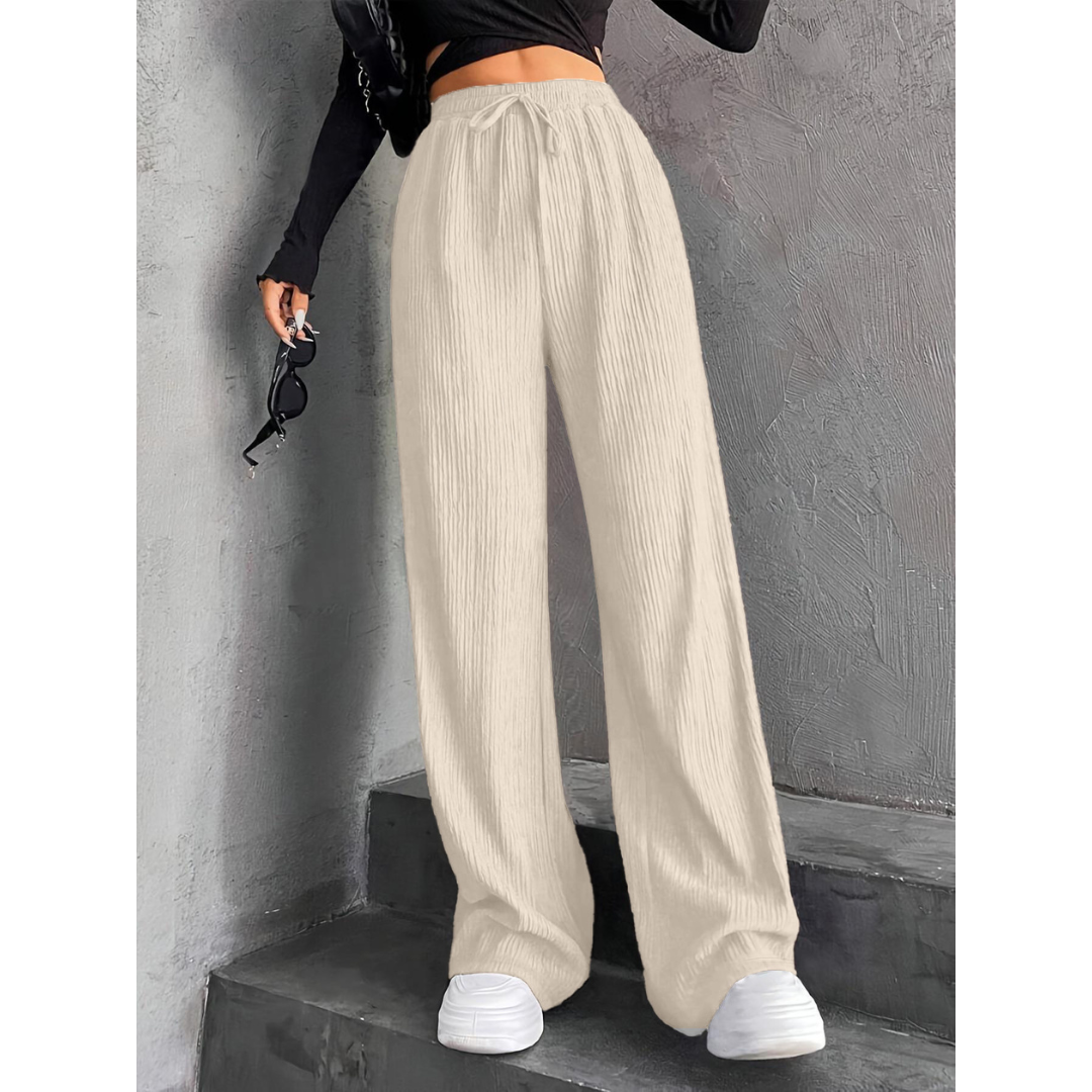 Faye | Knitted Loose Ribbed Drawstring Elasticated High Waisted Flowy Wide Leg Trousers Women