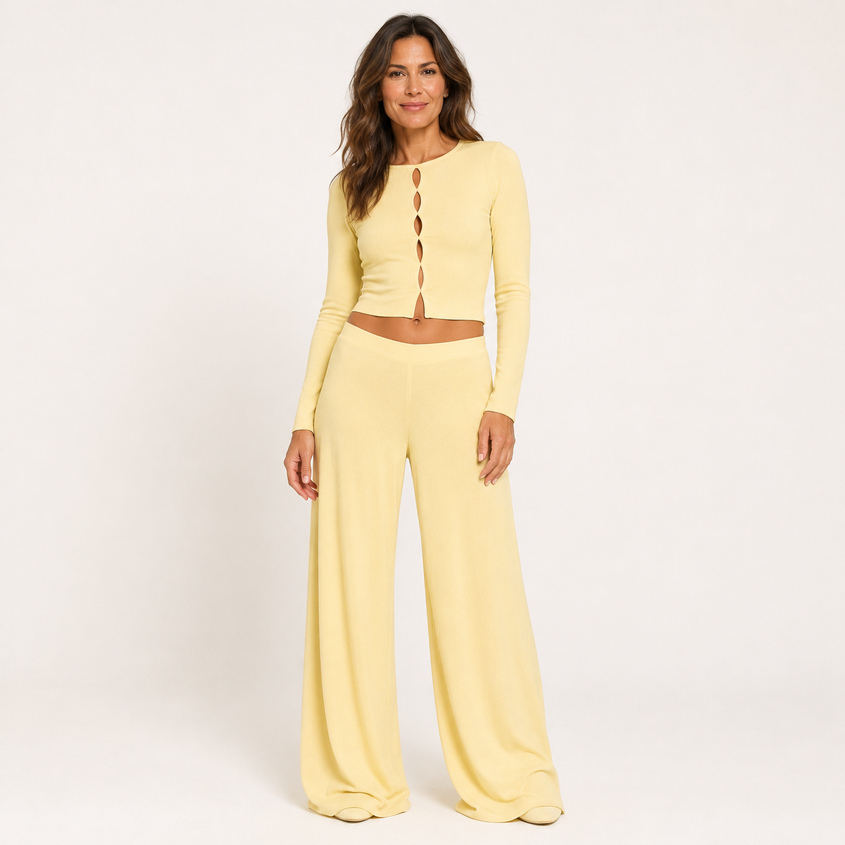 Megan | Knitted Long Sleeve Cut Out Crop Top Wide Leg Trouser Round Neck Co Ord Set Women