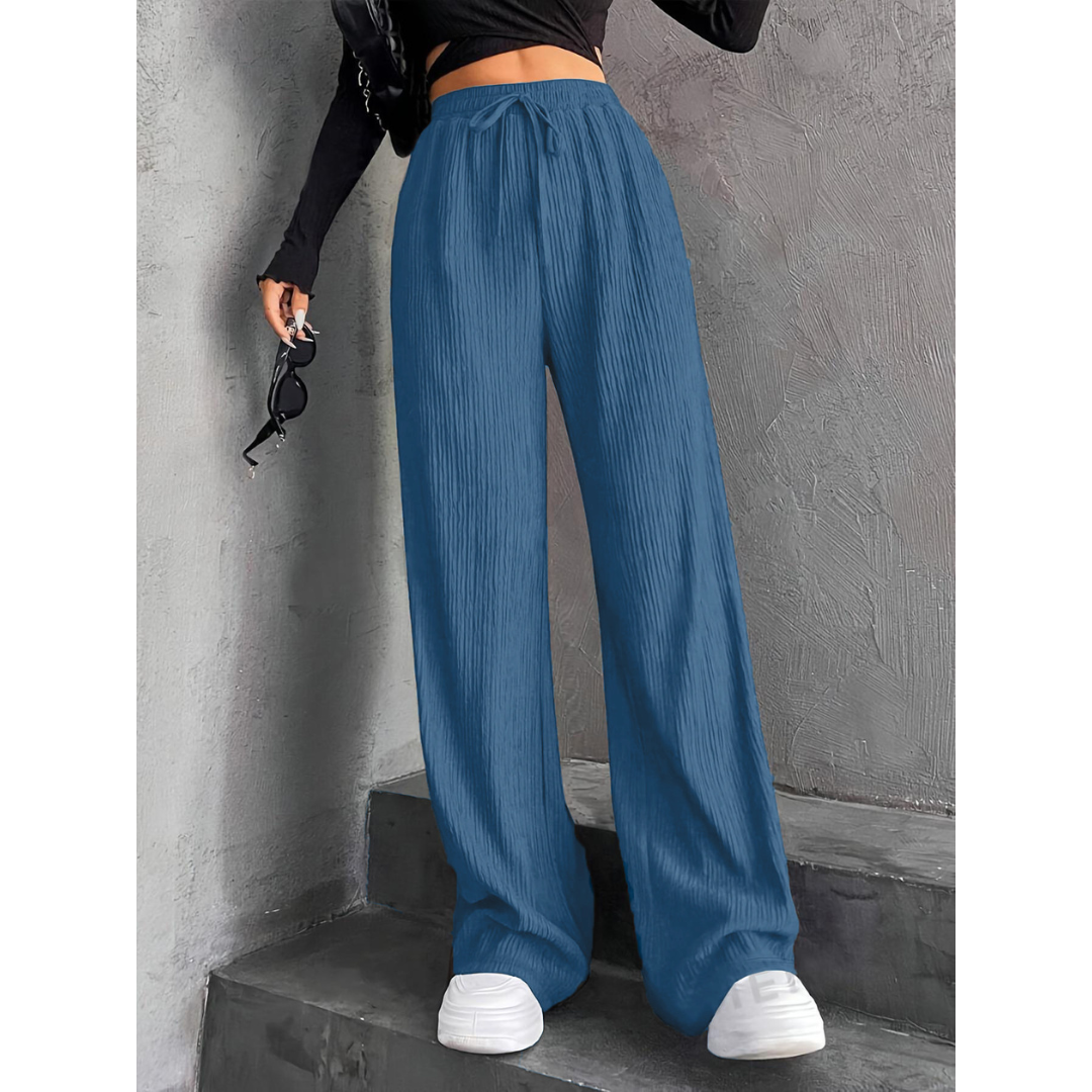 Faye | Knitted Loose Ribbed Drawstring Elasticated High Waisted Flowy Wide Leg Trousers Women