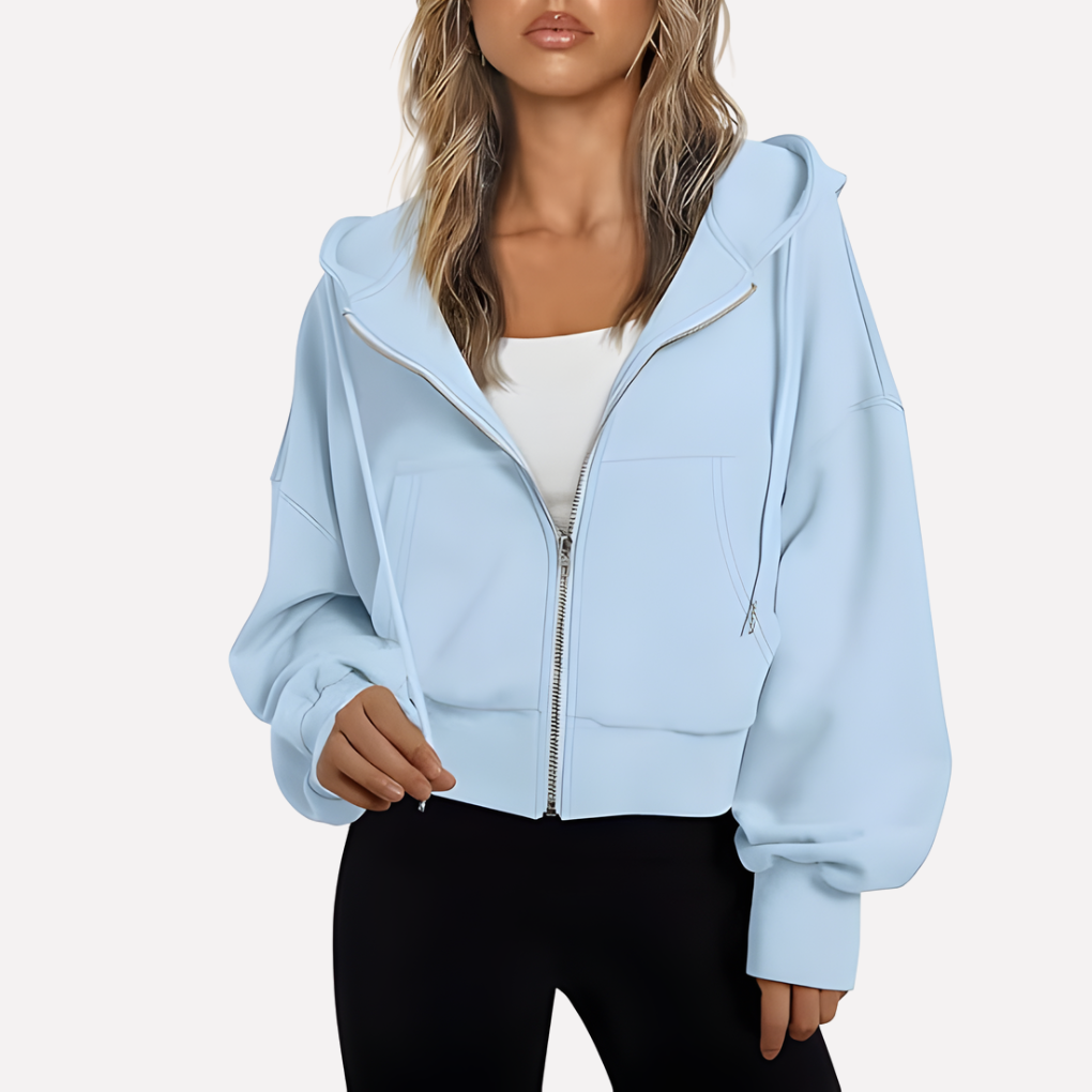 Coco | Zip Up Drawstring Ribbed Pockets Long Sleeve Oversized Autumn Cropped Hoodie Women