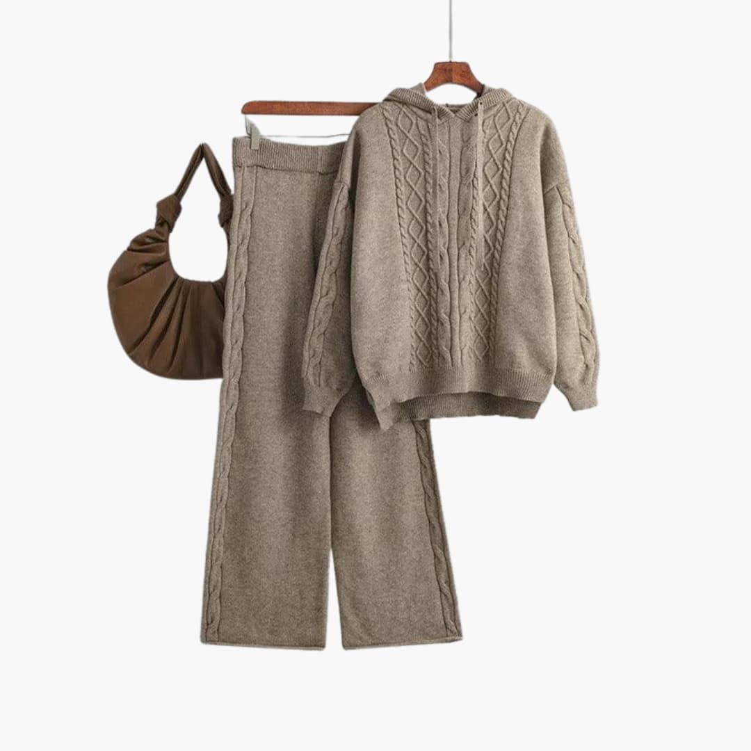 Nell | Knitted Long Sleeve Oversized Hooded Autumn Winter Wide Leg Trouser Co Ord Set Women