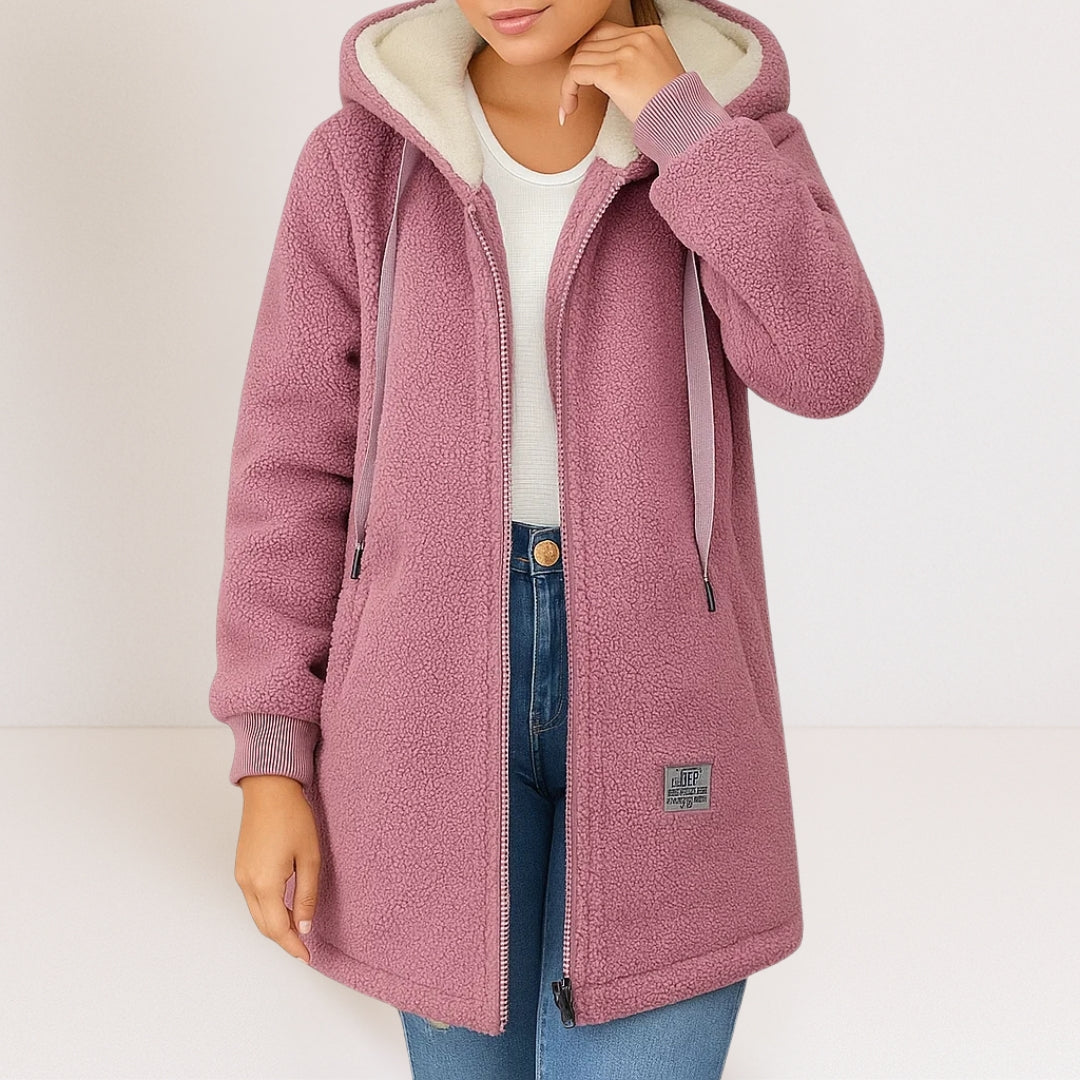 Lou | Winter Oversized Longline Hooded Full Zip Sherpa Drawstring Pocket Fleece Jacket Women