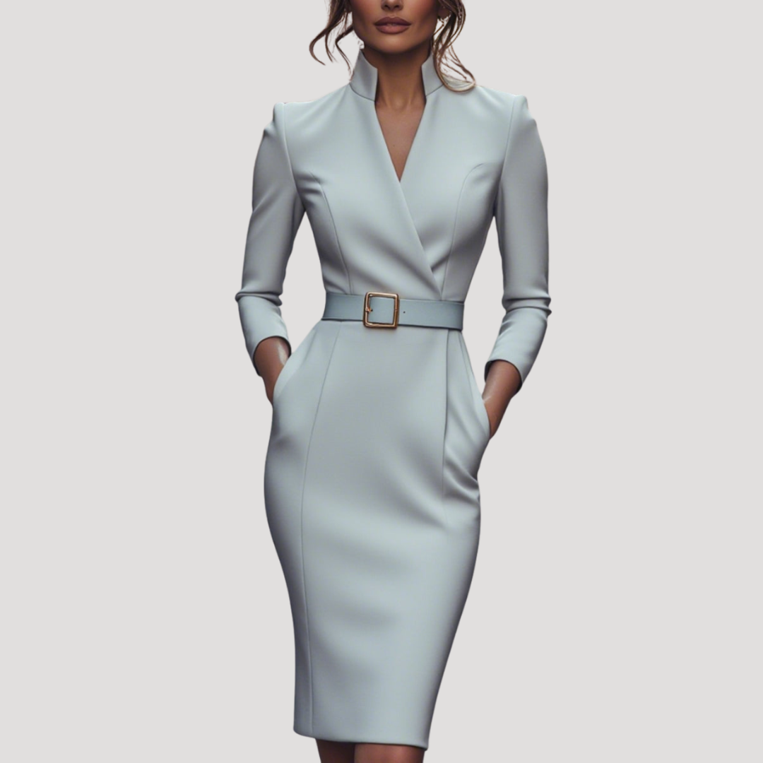 Darcy | Bodycon Belted V Neck Autumn Work Interview Midi Long Sleeve Dress Women