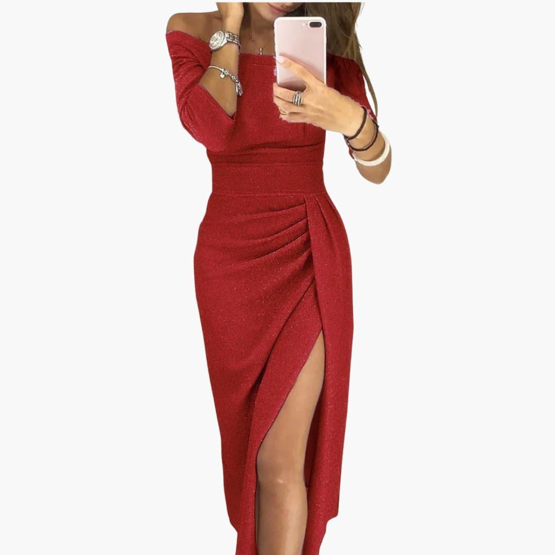 Livia | Off The Shoulder Glitter Knit Ruched Wrap Slit Party Evening Bodycon Midi Dress with Sleeves Women