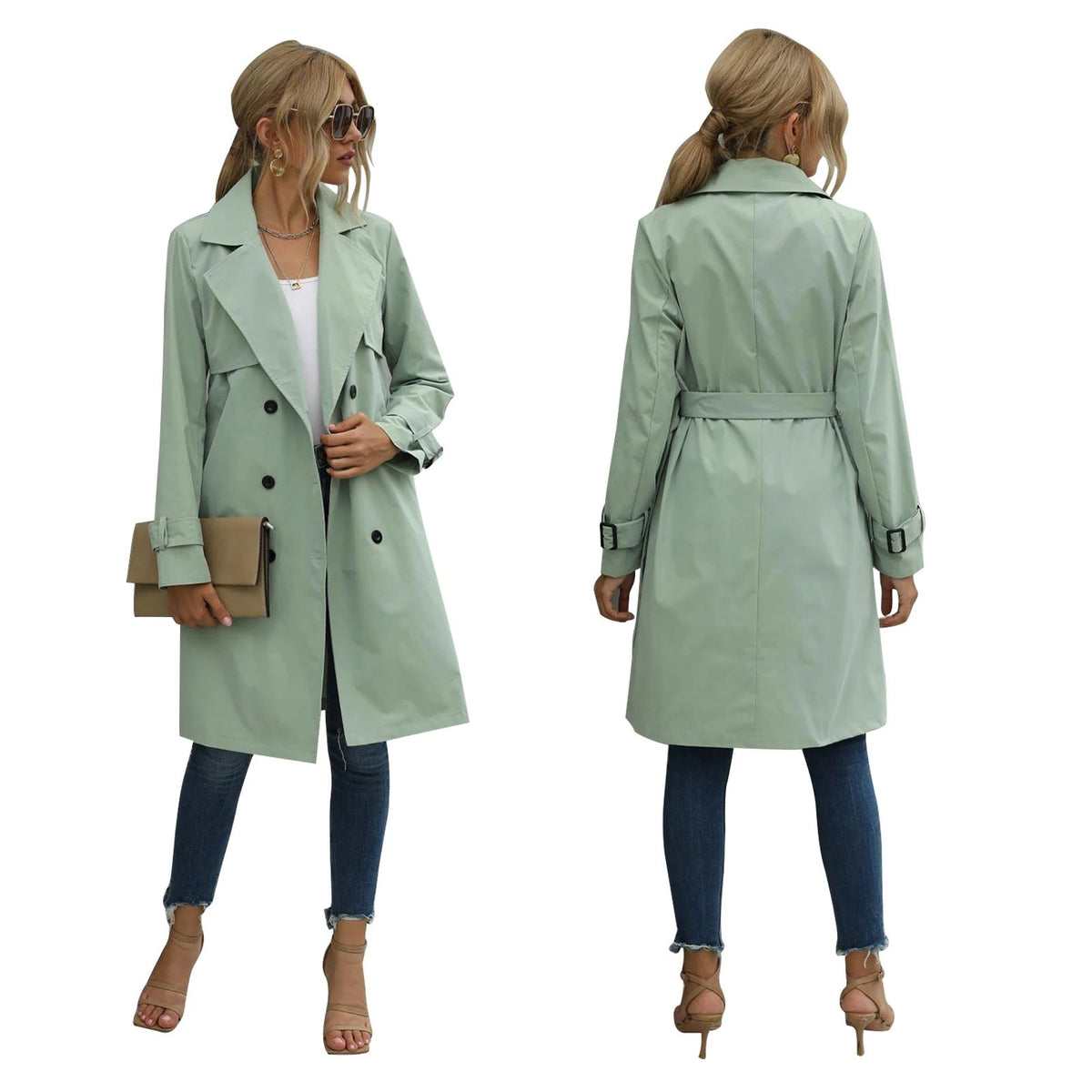 Thea | Classic Double Breasted Belted Buckle Collared Lapel Autumn Smart Long Trench Coat Ladies