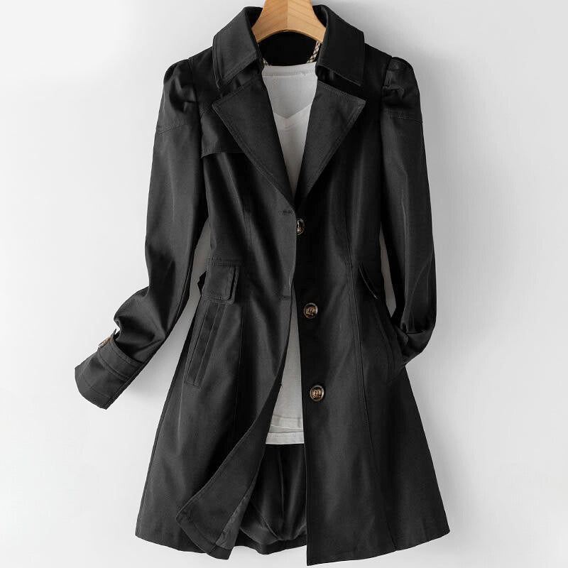 Tessa | Single Breasted Button Collared Tailored Autumn Smart Longline Puff Trench Coat Ladies