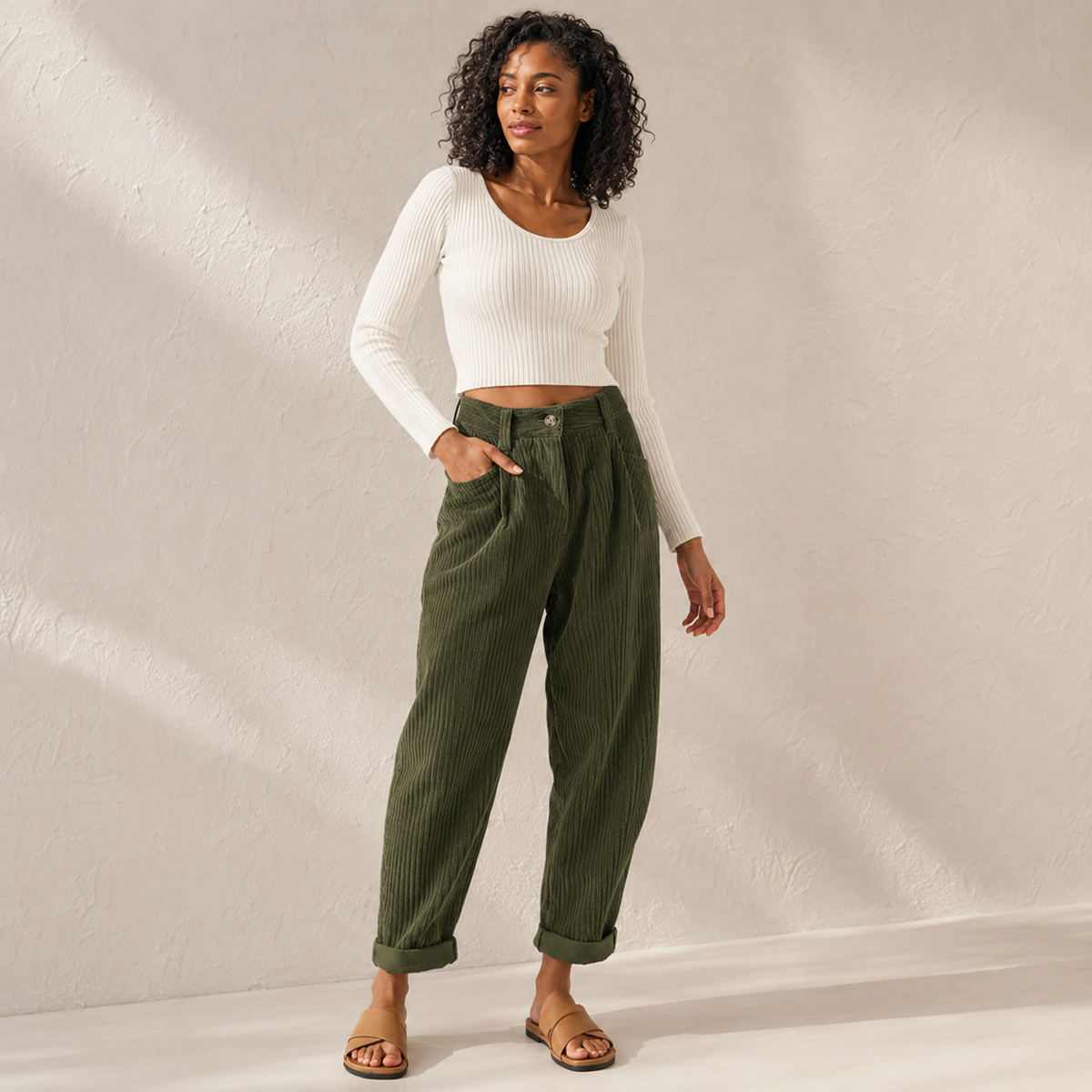 Pia | High Waisted Pleated Corduroy Turn Up Cropped Autumn Tapered Trousers Women