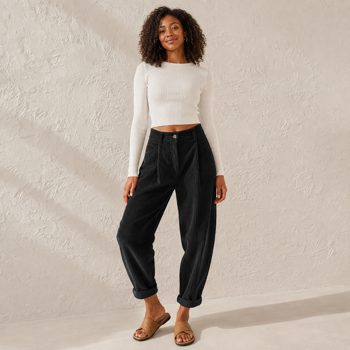 Pia | High Waisted Pleated Corduroy Turn Up Cropped Autumn Tapered Trousers Women