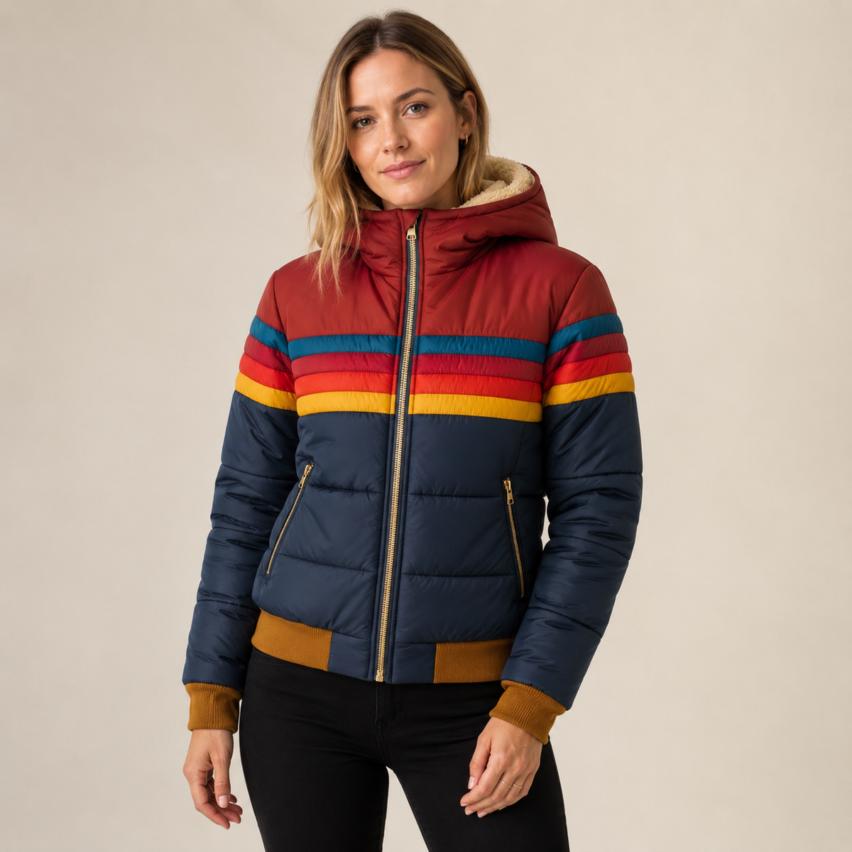 Josie | Striped Quilted Hooded Winter Sherpa Zip Up Bomber Jacket Women