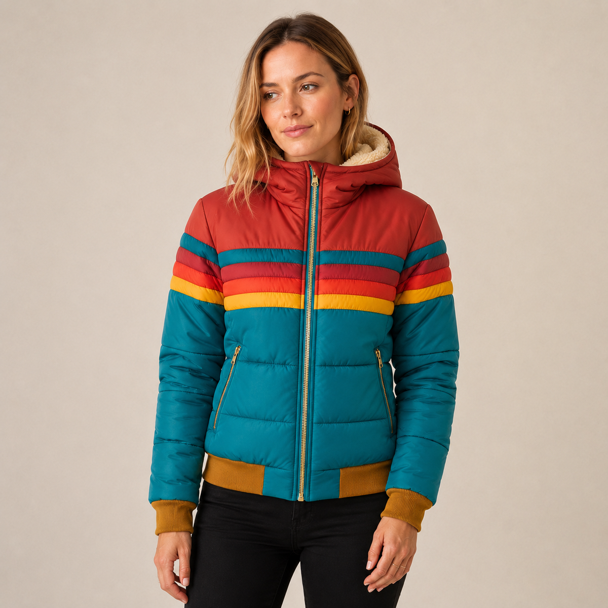 Josie | Striped Quilted Hooded Winter Sherpa Zip Up Bomber Jacket Women