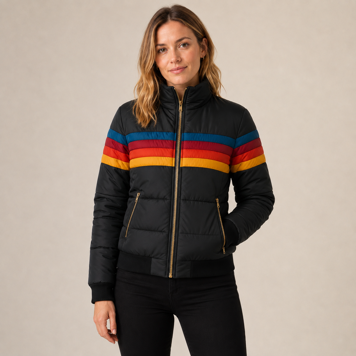 Josie | Striped Quilted Hooded Winter Sherpa Zip Up Bomber Jacket Women