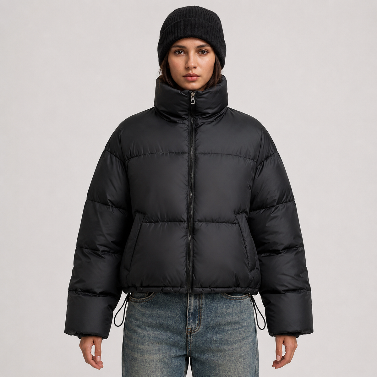 Chloe | Quilted Winter Oversized Funnel Neck Zip Up Cropped Puffer Jacket Women