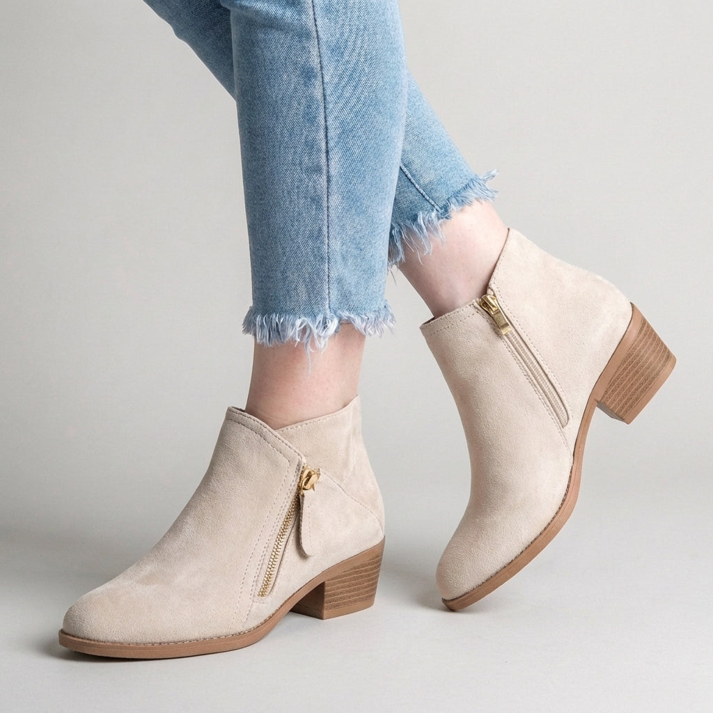 Mia | Block Heeled Round Toe Zip Up Autumn Faux Suede Ankle Boots Women