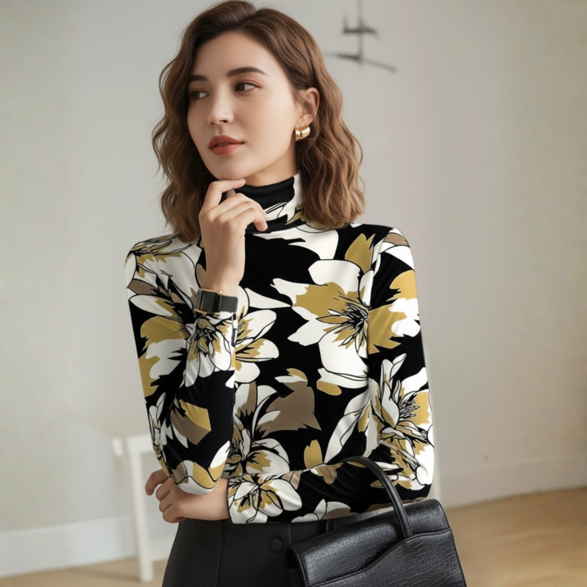 Elise | Floral Jersey Fitted Long Sleeve Turtleneck Autumn T Shirt Women