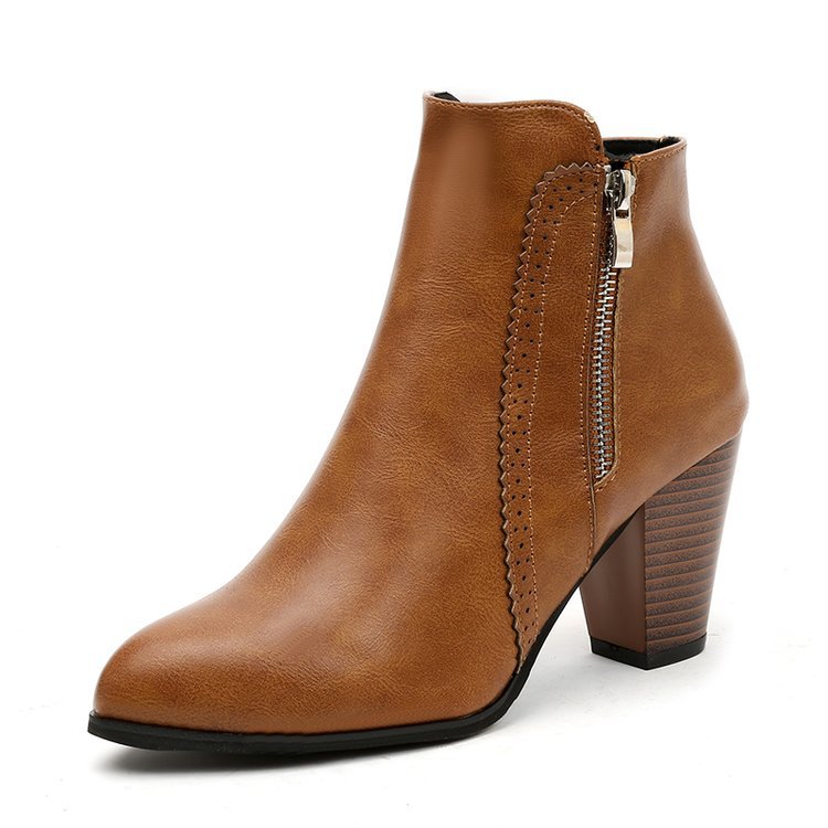 Ruth | Brogue Block Heeled Pointed Toe Zip Up Autumn Smart Faux Leather Ankle Boots Women