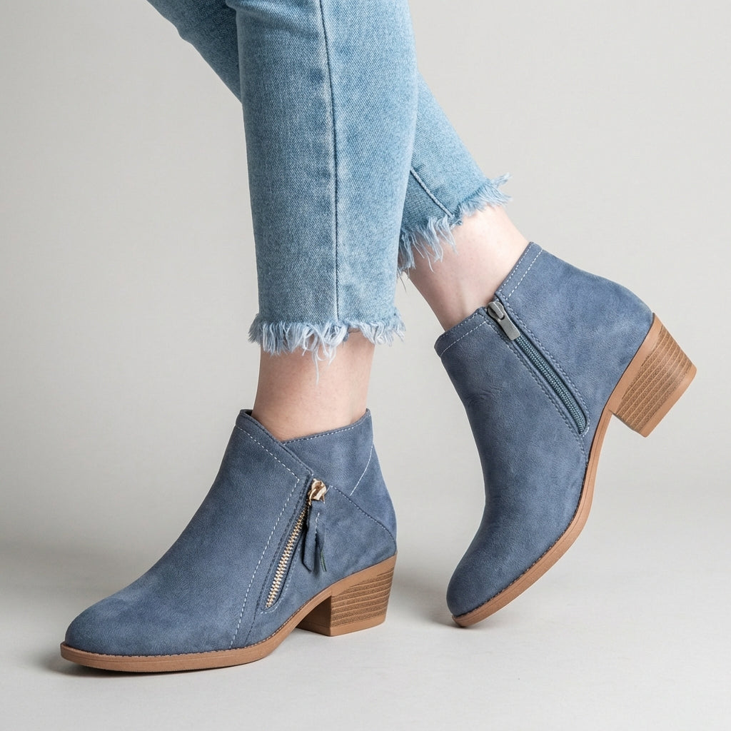 Mia | Block Heeled Round Toe Zip Up Autumn Faux Suede Ankle Boots Women